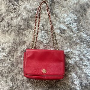 Tory Burch Cherry Red Shoulder Bag with Gold Chain